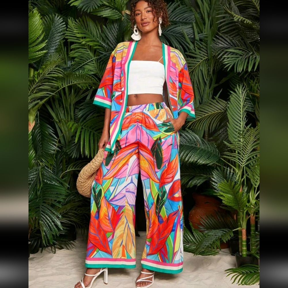 BNWOT Shein Tropical Co Ord Set Kimono Pants Open Shirt